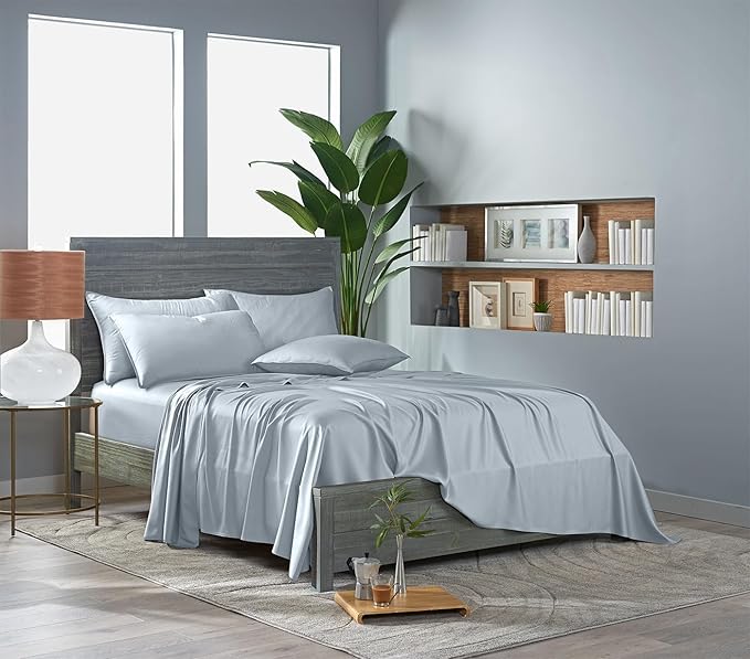 Pure Bamboo Split King Sheets, Genuine 100% Organic Viscose Derived from Bamboo Bed Sheet Set, Soft & Cooling, Double Stitching, 2 Fitted Sheets (Split King, Glacier)