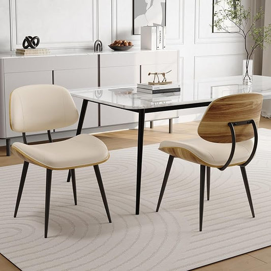 Mid Century Modern Dining Chairs Set of 2, PU Leather Armless Kitchen Chairs with Walnut Bentwood Back & Metal Legs, Sturdy Retro Accent Chairs for Dining Room, Living Room, Beige