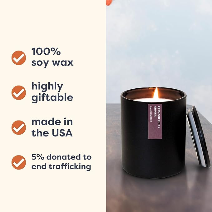 Calyan Wax Co. Passionfruit & Ginger Scented Candle - 75 Hour Burn - Luxury Non Toxic Soy Wax Candles - Long Lasting Black Tumbler Jar Candle for Home - 10.2oz