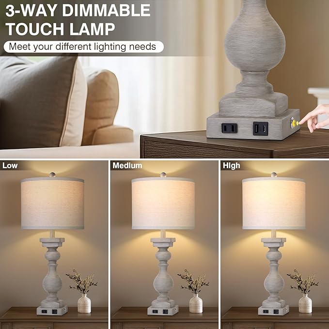 28" Tall Farmhouse Table Lamps Set of 2 with USB C+A Ports and AC Outlet, 3 Way Touch Tall Rustic Bedside Lamps for Living Room, Grey Vintage Lamps for Bedroom