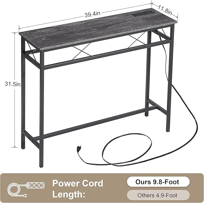 VECELO 39.4In Narrow Sofa/Console Table with Charging Station & Power Outlet and USB Ports, for Entryway, Living Room, Office, Industrial, Metal Frame, 2 Pack, Dark Grey