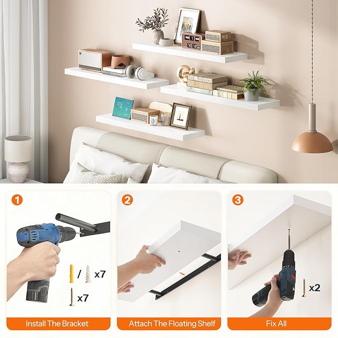 HOOBRO Floating Shelves for Wall, Wall Mounted Shelf Set of 2, 31.5" Hanging Shelf with Invisible Brackets, for Wall in Bathroom, Bedroom, Toilet, Kitchen, Living Room, Office, White WT80BJP201