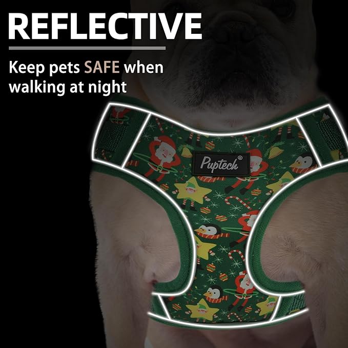 PUPTECK Christmas Small Dog Harness and Leash Set, No Pull Adjustable Puppy Cat Harness, Reflective Soft Mesh Pet Vest Small Sized, Green M