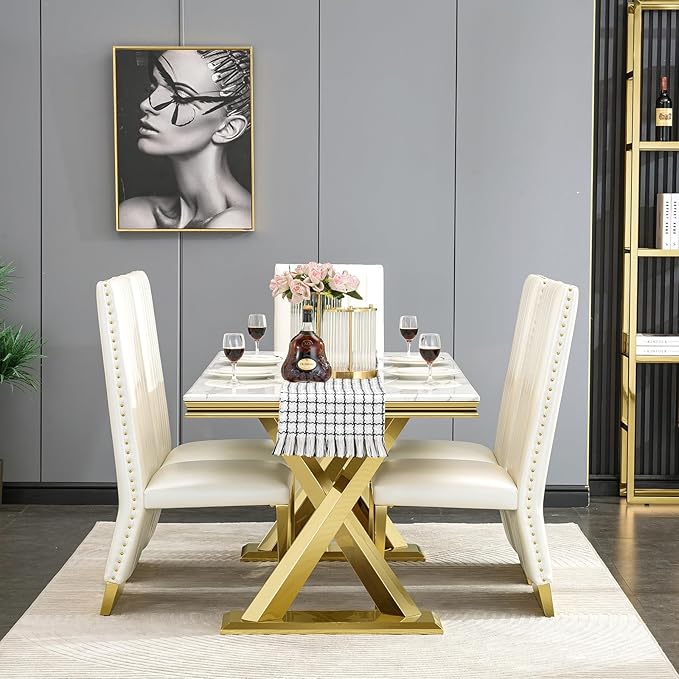 AUZ White Dining Chairs Set of 8, White Leather Upholstered Dining Room Chairs with Nailhead Trim, Luxury Dining Chairs with Polished Gold Metal Legs