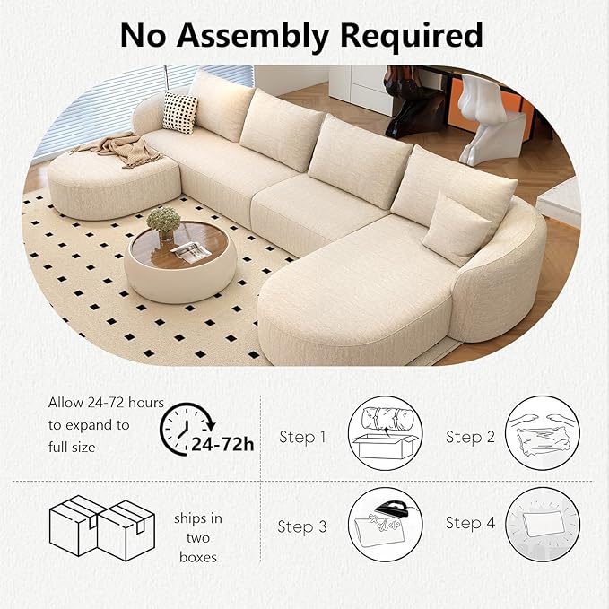 138.6" Modular Sectional Couches Luxury Modern Curved Back U-Shape Sofa Set with Ottoman,Minimalist Comfy Boneless Cloud Couch for Living Room Apartment,(Right Facing Chaise,White)