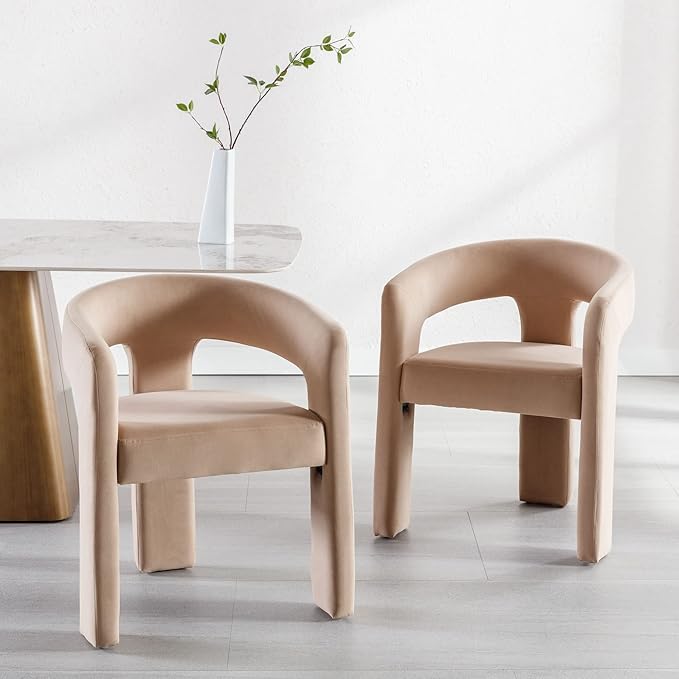 Set of 2 Modern Velvet Fabric Upholstered Dining Chairs with Open-Back, Cute Barrel Side Chairs Kitchen Armchair Accent Chairs for Dining Room Bedroom, Khaki