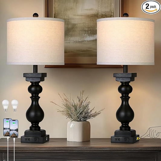 28" Tall Farmhouse Table Lamps Set of 2 with USB C+A Ports and AC Outlet, 3 Way Touch Tall Rustic Bedside Lamps for Living Room, Black Vintage Lamps for Bedroom