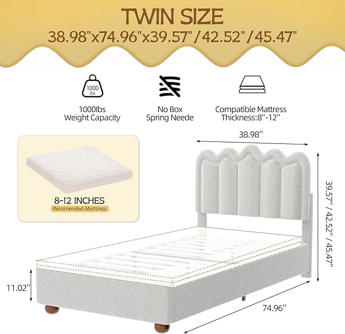 Twin Bed Frame with Headboard, Boucle Bed Frame, Soft Upholstered Platform Cloud Bedframe with Footboard, Solid Wood Legs, Solid Wooden Slats Support, No Box Spring Required, Easy Assembly