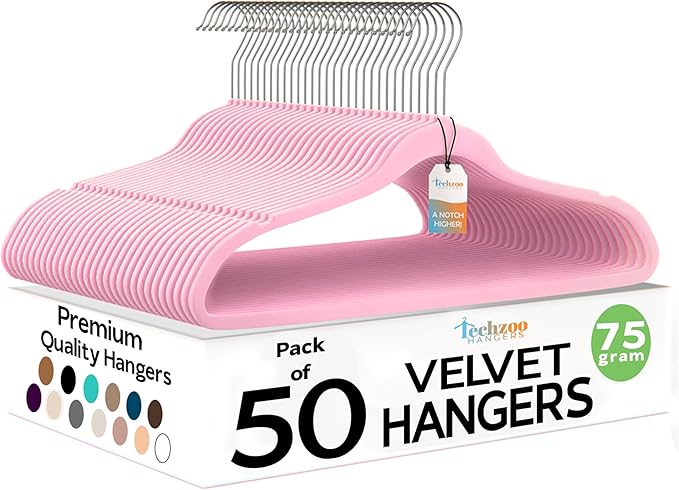 Premium Velvet Hangers 50 Pack Ultra Thin Non Slip Adult Felt Space Saving Suit Hanger for Closet Heavy Duty Coat Pants Jackets Dress Hangers 360° Swivel Hook Hold Upto 10 lbs Pink