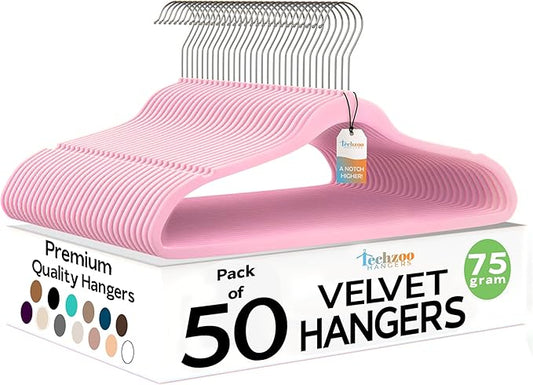 Premium Velvet Hangers 50 Pack Ultra Thin Non Slip Adult Felt Space Saving Suit Hanger for Closet Heavy Duty Coat Pants Jackets Dress Hangers 360° Swivel Hook Hold Upto 10 lbs Pink