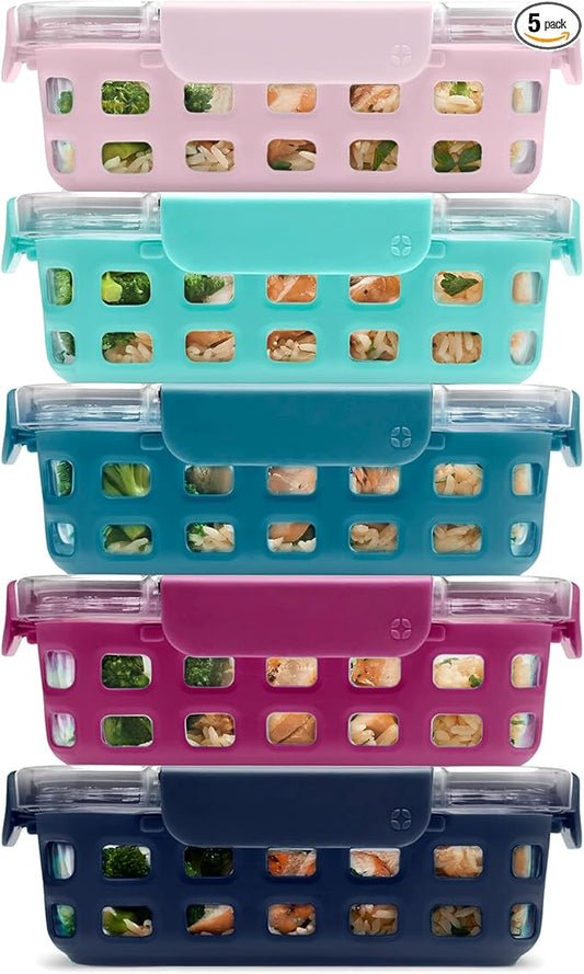 Ello Duraglass 3.4 Cup Meal Prep Sets 10Pc, 5 Pack Set- Glass Food Storage Container with Silicone Sleeve and Airtight BPA-Free Plastic Lids, Dishwasher, Microwave, and Freezer Safe, Evening Orchard