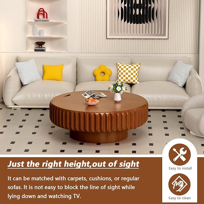 31.5in Drum Coffee Table with Storage Modern Unique Fluted Tea Table Contemporary Round Coffee Table with Fluted Center Table for Small Space Apartment (31.5in)