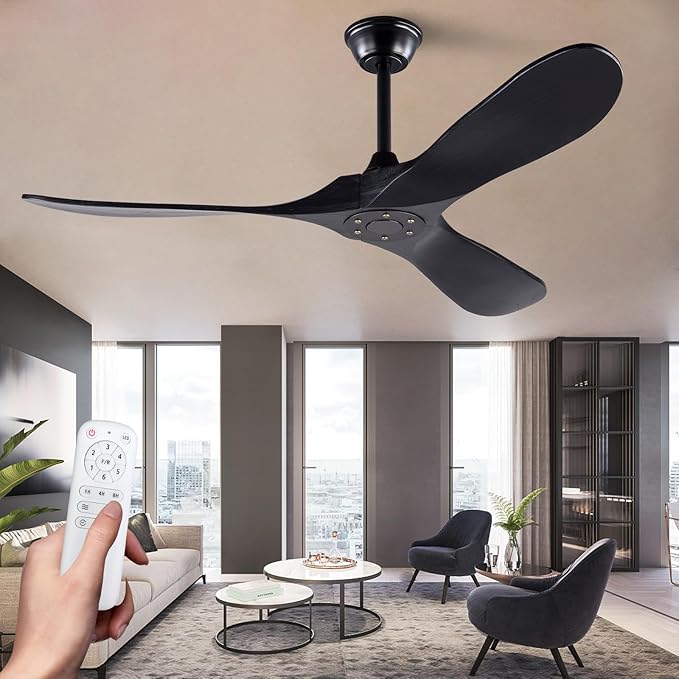 72 inch Ceiling Fan no Light, Quiet Reversible DC Motor Wood Ceiling Fan without Light, Black Modern Ceiling Fan with Remote Control for Outdoor Indoor Farmhouse Patios
