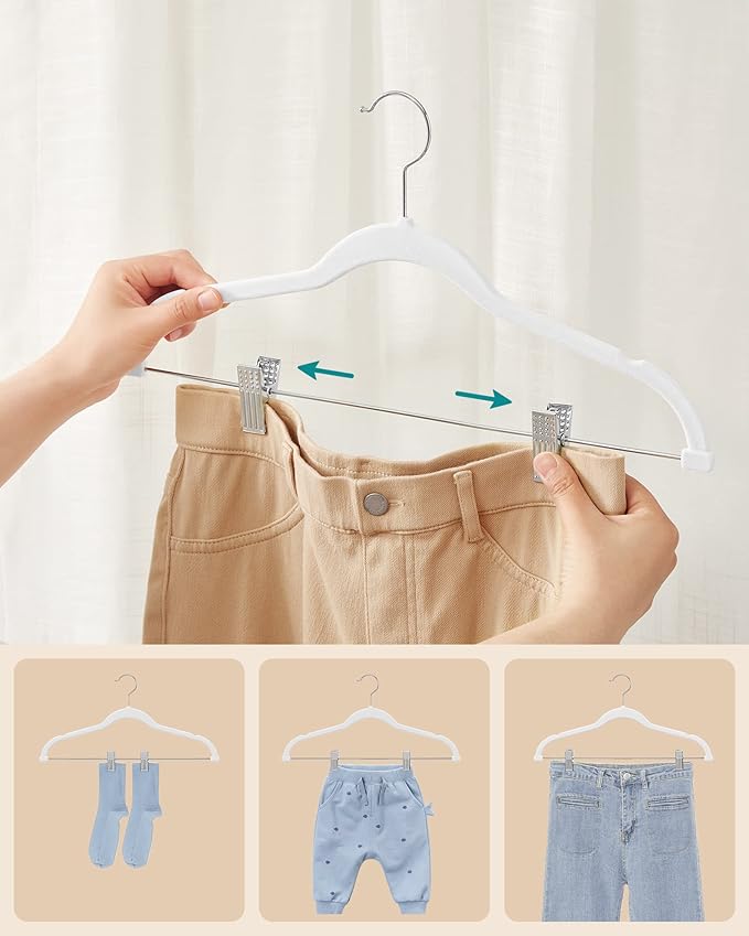 SONGMICS 30-Pack Pants Hangers, 16.7-Inch Long Velvet Hanger with Adjustable Clips, Heavy-Duty, Non-Slip Skirt Hangers, Space-Saving for Pants, Skirts, Coats, Dresses, White UCRF012W02