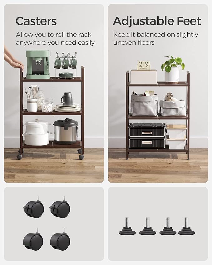 SONGMICS 3-Tier Metal Storage Rack with Wheels, Mesh Shelving Unit with X Side Frames, 23.6-Inch Width, for Entryway, Kitchen, Living Room, Bathroom, Industrial Style, Metallic Bronze UBSC163A01