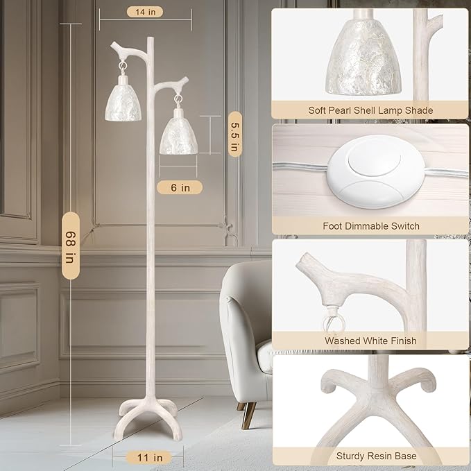 68" Washed White Rustic Floor Lamp with Soft Pearl Shell Lamp Shade for Living Room, Standing Lamp for Bedroom, Farmhouse Floor Lamp Stepless Dimmable Tree Trunk Tall Lamp for Bedroom (Bulb Included)