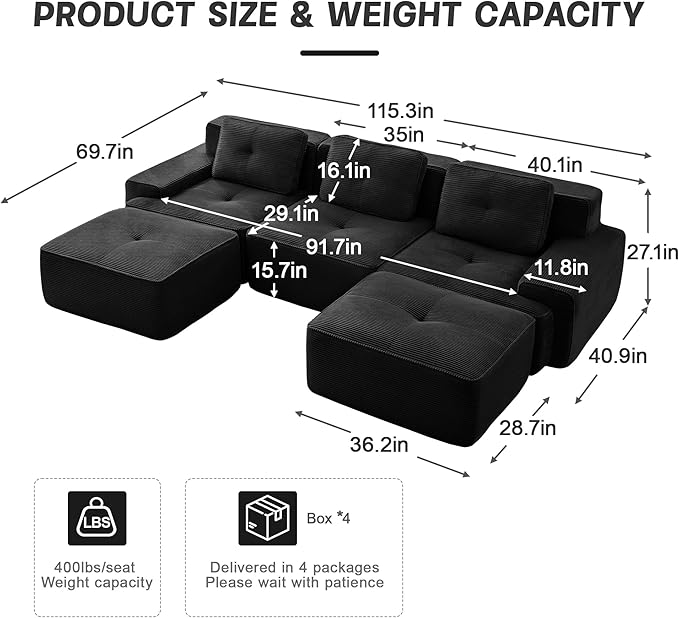 115" Modern Corduroy Cloud Sofa with Ottoman, U Shaped Boneless Modular Large Sectional Couches for Living Room, Black 3 Seater Compressed Memory Foam Couch, Extra Deep Seat, No Assembly