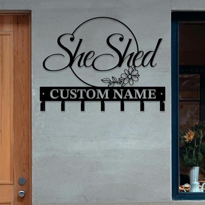 Personalized She Shed Keys Hooks,Custom Name Metal She Shed Art Keys Hooks,Metal She Shed Lover Wall Home Storage Decorative Keys Hooks,Key Holder Hooks for Wall (Style G)