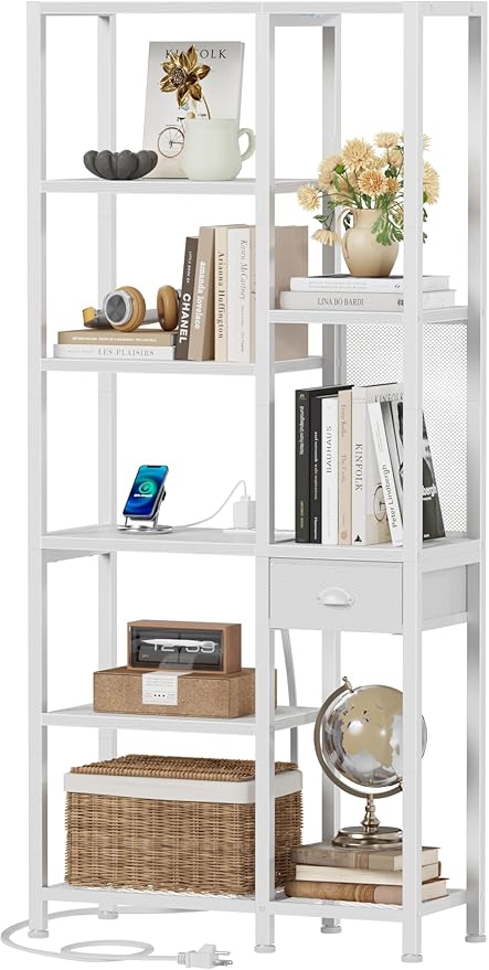 Furologee Bookshelf with USB Ports and Outlets, Shelf with Drawer, Mordern Display Shelves with Charging Station, 6 Tier Storage Shelves for Bedroom, Living Room, Home Office, White