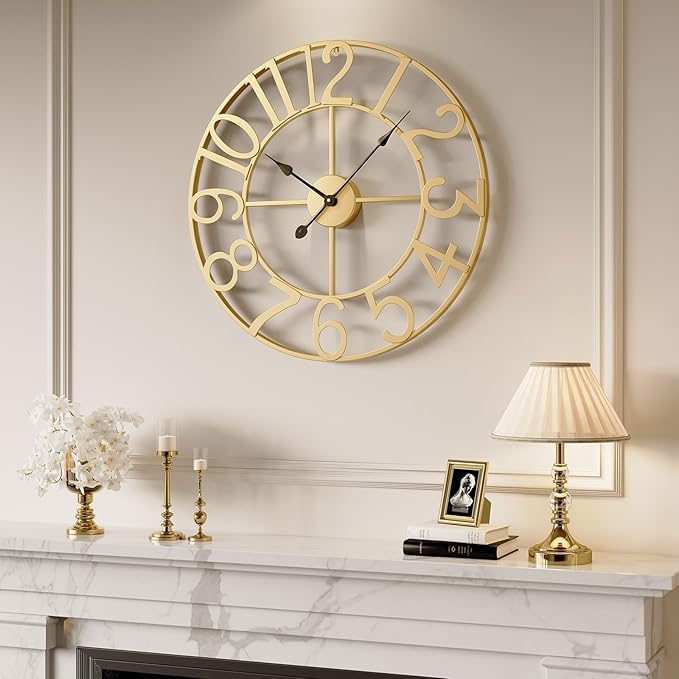 Cuspin Large Wall Clock 24 Inch Gold, Decorative Wall Clocks Battery-Operated, Modern Metal Round Clock Silent Non Ticking Arabic Numerals for Living Room Kitchen Mantel Bedroom Office Decor