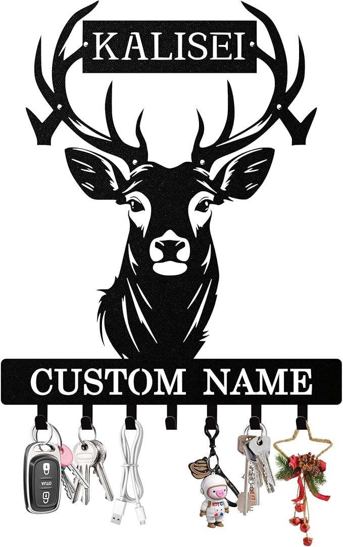 Personalized Deer Head Key Holder Wall Mount, Custom Metal Keys Hanger for Wall with Name, Custom Key Rack Holder with Hooks for Entryway, Front Door, Hallway, Living Room, Kitchen