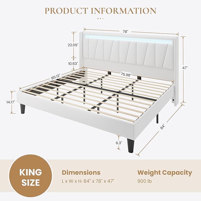 SHA CERLIN King Size Bed Frame with Charging Station and LED Lights, Modern Velvet Platform Bed with Upholstered Geometric Wingback Headboard, No Box Spring Needed, Easy Assembly, White