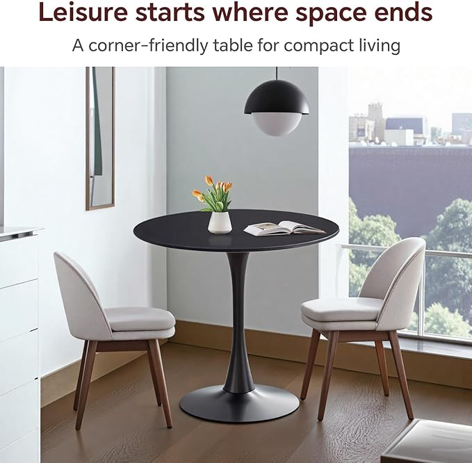Small Space 31.5 Inch Black Round Tulip Dining Table - Modern Pedestal Base Kitchen Table for 2-4 People - Easy Assembly & Easy to Clean