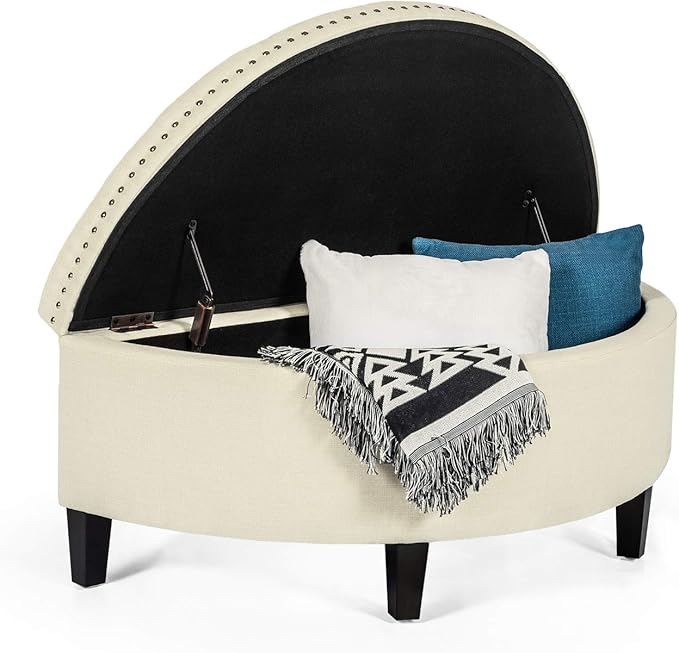 Homebeez 43" Half Moon Storage Ottoman, Button Tufted Bedroom Benches for Entryway Living Room (Cream)