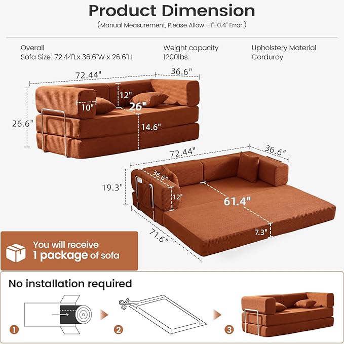 Folding Sofa Bed Convertable Corduroy Couch King Size Floor Sleeper 4-in-1 DIY Combination Modular Sofa Fold Out Futon Lounge Comfy Foldable Lazy cama for Living Room (Orange, 70.86")