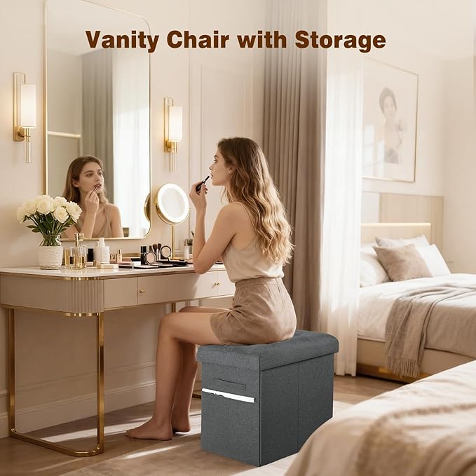 Storage Ottoman, Foot Rest Stool with Thicker Foam Padded Seat. 61L Slim Tall Foldable Linen Footstool Storage Bench Small Ottoman for Living Room, Bedroom. 350lbs Load Capacity, 17x13x17in, Dark Gray