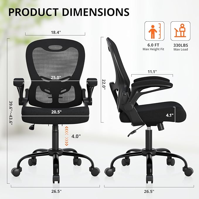 Office Chair, Ergonomic Desk Chair Breathable Mesh Chair with Adjustable High Back Lumbar Support Flip-up Armrests, Long Hours Comfortable Computer Chair for Home Office, Black