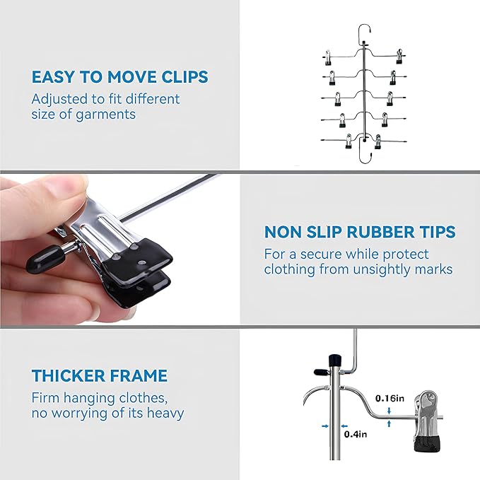 5 Tier Metal Skirt Hangers for Women, Pants Hanger Space Saving with Non Slip Adjustable Clips,Durable Heavy Duty Trouser Hangers for Jeans, Slacks, Shorts - 2 Pack