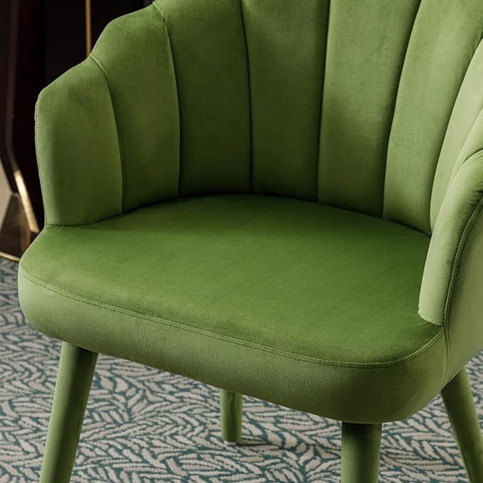 Velvet Dining Chairs Set of 4 Modern Living Room Chairs with Petal Back & Wood Legs Comfy Upholstered Side Chair for Dining Room/Bedroom/Vanity, Olive