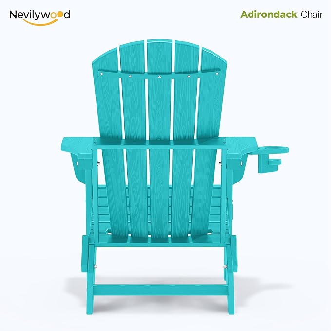 nevilywood Folding Adirondack Chair - Extended Ergonomic Backrest, Cup Holder - Easy Assembly - Durable HDPE Plastic, Weather Resistant & Maintenance-Free - Lawn, Patio, Deck Supports 380lbs Aruba