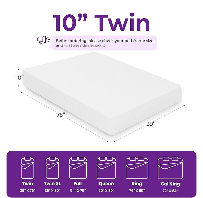 GAESTE 10 Inch Twin Cooling Gel Memory Foam Medium Firm Mattress Breathable Pressure Relief CertiPUR-US Certified Foam, Mattress-in-a-Box for Kids and Adults No Fiberglass (Twin, 10 in)