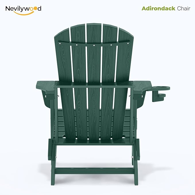 nevilywood Folding Adirondack Chair - Extended Ergonomic Backrest, Cup Holder - Easy Assembly - Durable HDPE Plastic, Weather Resistant & Maintenance-Free - Lawn, Patio, Deck Supports 380lbs,Green