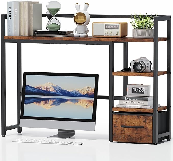 Marbrasse Desk Shelf with Drawer, 40" Desk Hutch for Computer Monitor, Wooden Desktop Bookshelf Storage Rack for Home Office Dorm - Dark Brown