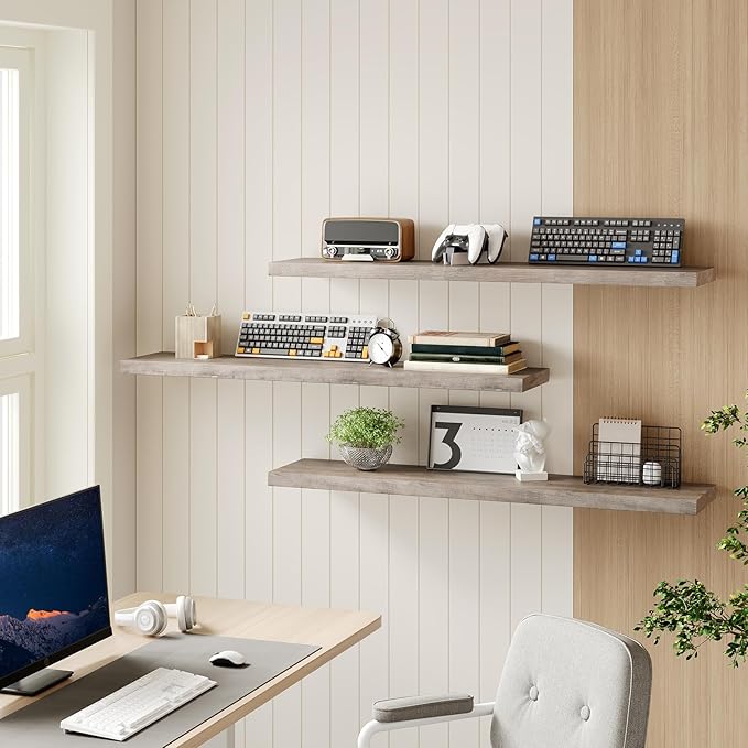 Floating Shelves for Wall, 1.5" Thick Wall Shelf Set of 3 with Invisible Brackets, L47.2 x W7.9 Hanging Book Shelves Farmhouse Home Decor for Bathroom, Living Room, Bedroom, Greige 12301BJP3BG