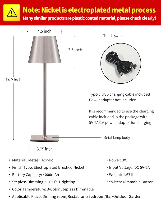 KDG 2 Pack Cordless Table Lamp,Portable LED Desk Lamp, 4000mAh Battery Operated, 3 Color Stepless Dimming Up, for Restaurant/Bedroom/Bars/Outdoor Party/Camping/Coffee Shop Night Light(Brushed Nickel)