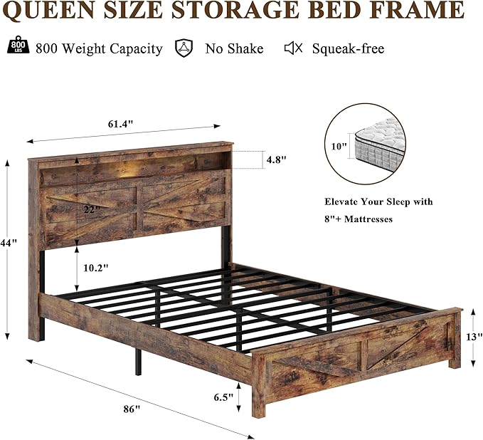 Farmhouse Queen Size Bed Frame with Headboard Storage Shelf, Wood Platform Bed Frame with LED Lights & Charging Station, Rustic Brown Metal Bed, No Box Spring Needed, Noise-Free Sturdy Structure