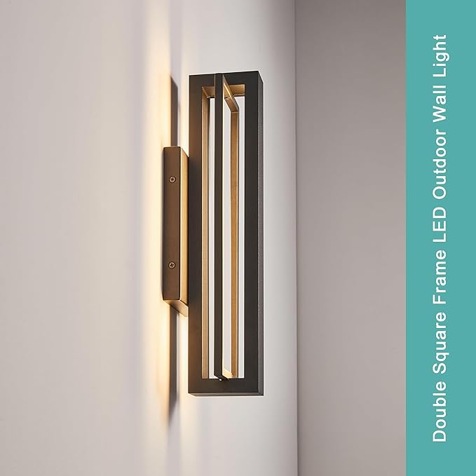 Double Square Frame Outdoor LED Wall Light, 15 Inch Textured Black Wall Sconce, Sleek Modern Light Fixture, Integrated LED 3000K 16W, Outside Lights for Patio, Porch, Front Door or Garage