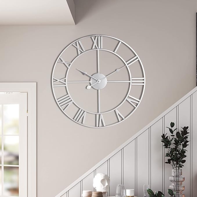 1st owned Large Wall Clock, Metal Retro Roman Numeral Clock, Modern Round Wall Clocks Almost Silent, Easy to Read for Living Room/Home/Kitchen/Bedroom/Office/School Decor (Silver, 16 Inch)