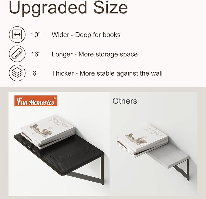 Fun Memories 10 Inch Deep Floating Shelves, Black Floating Shelf 16 Inch Long, 16" W x 10" D Wall Shelves Set of 2, Deep Shelves for Books, Wide Floating Shelves for Bahtoom, Living Room, Kitchen