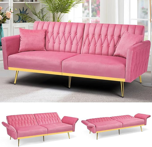70” Velvet Futon Sofa Bed with 2 Pillows and Adjustable Armrests, Convertible Sleeper Bed, Modern Loveseat for Living Room, Bedroom, Pink