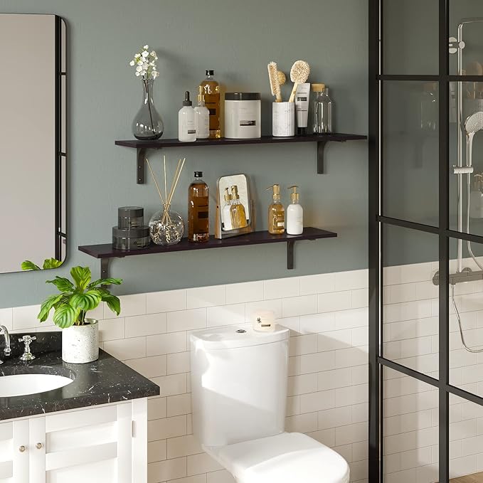 DINZI LVJ Long Wall Shelves, 39.4Inch Wall Mounted Shelves Set of 2, Extra Large Floating Storage Ledges with Sturdy Metal Brackets for Living Room, Bathroom, Bedroom, Kitchen, Espresso