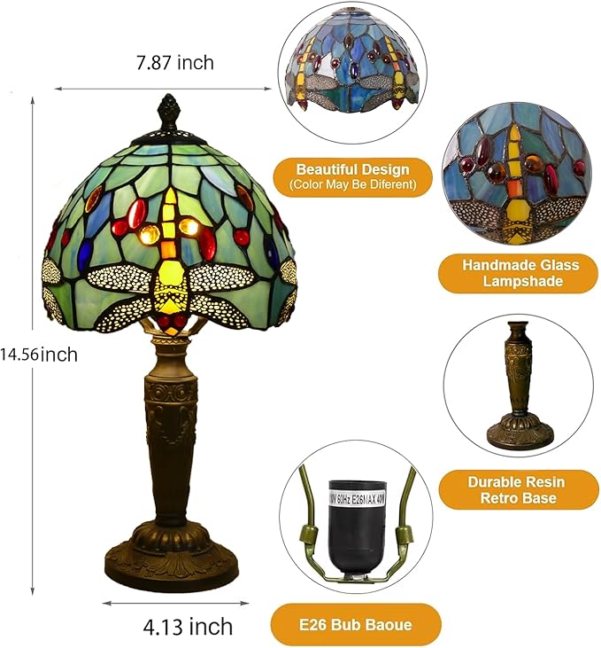 Tiffany Lamp Stained Glass Table Lamp 7.9X7.9X14.2 Inches Dragonfly Style Desk Reading Light
