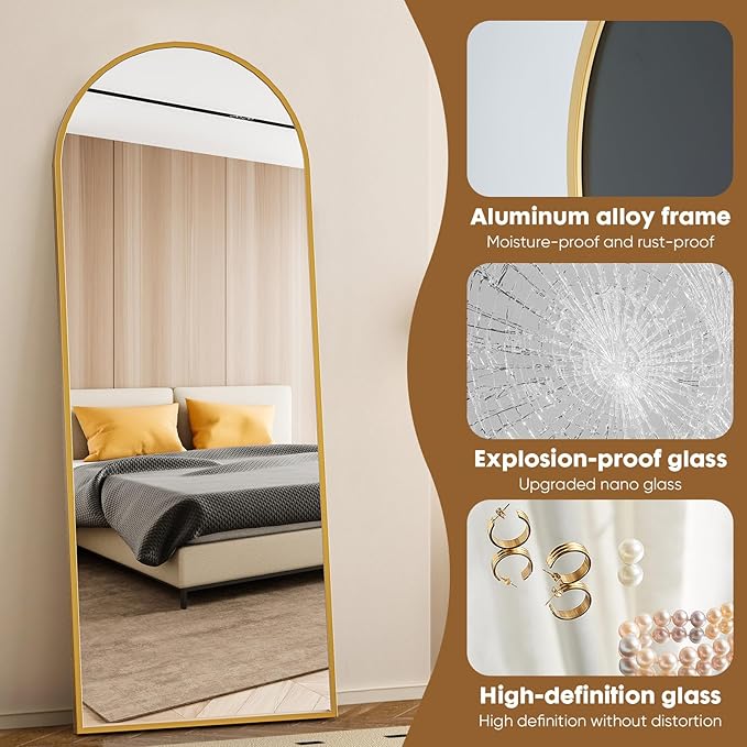 Arched Mirror Full Length, 71"x26" Body Mirrors with Shatter-Proof Glass, Mirror Full Length for Home Decor, Arch Aluminum Frame Mirrors for Bedroom Bathroom, Gold