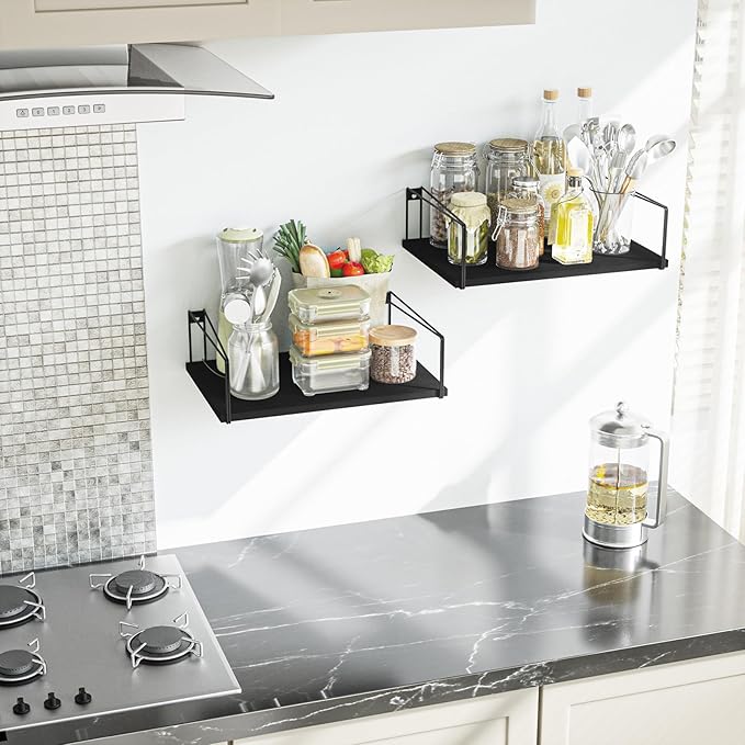 SRIWATANA Wide Floating Shelves, Rustic Wood Wall Shelves Set of 2, Wall Mounted Shelves with Large Capacity for Many Rooms Decor, Black