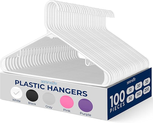 SereneLife 100 Pack Plastic Hangers, Non-Slip, Space-Saving Closet Organizers, Durable and Strong for Shirts, Sweaters, Hoodies, Kids Clothes & Dresses, Ultra-Thin, Lightweight