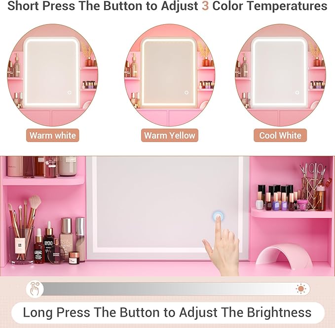 Armocity Vanity Desk with Mirror and Lights, Makeup Vanity with 2 Storage Drawers, Makeup Desk with 3 Color Lighting Options, Modern Dressing Table with Storage Shelf for Bedroom, Pink